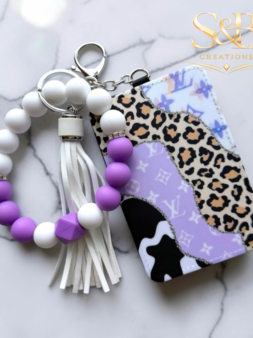 Women’s Lavender Leopard Card Holder Keychain with White Beaded Wristlet